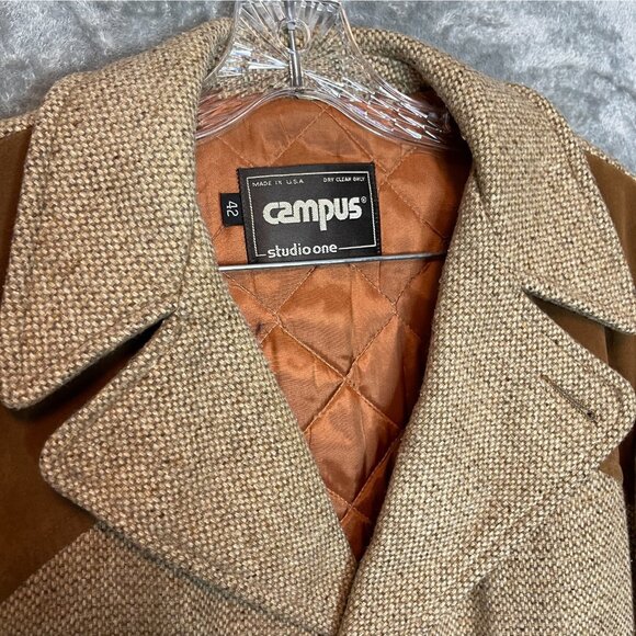 Vintage 70s Campus Tweed Wool USA Made Mid Length Heavy Insulated Overcoat 42 - Picture 6 of 14
